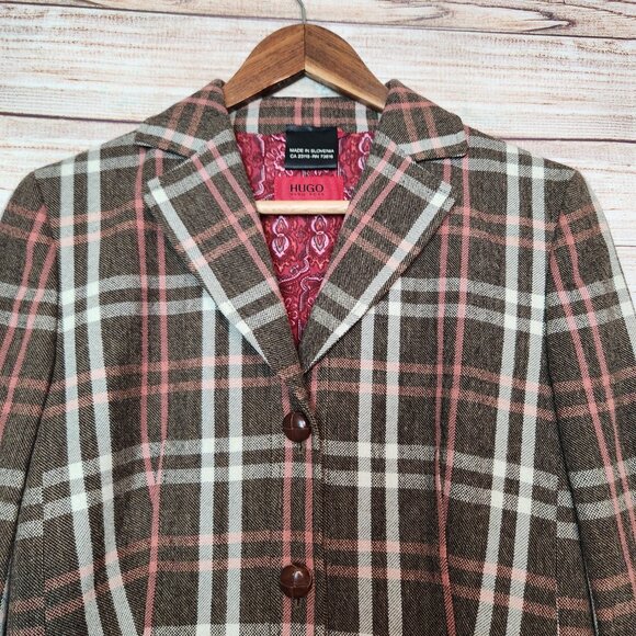 Hugo Boss Women’s Plaid Wool Blend Blazer Pockets Size US 4 Brown Gray - Picture 2 of 13